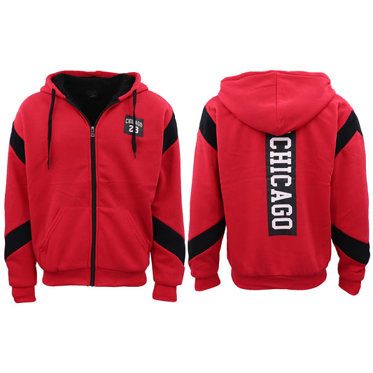 Mens Fleece Sherpa Fur Hooded Thick Winter Jacket Chicago 23 Michael Jordan Coat, Red, XL V474-669340
