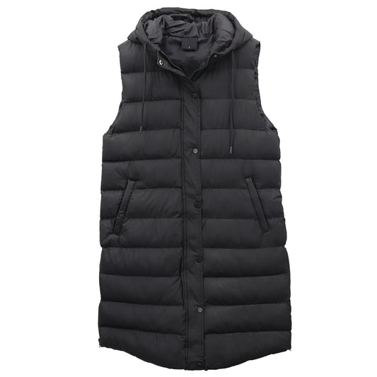 Women's Longline Padded Vest Hooded Jacket Puffer Puffy Quilted Zip Coat Gilet, Black, 8 V474-674153