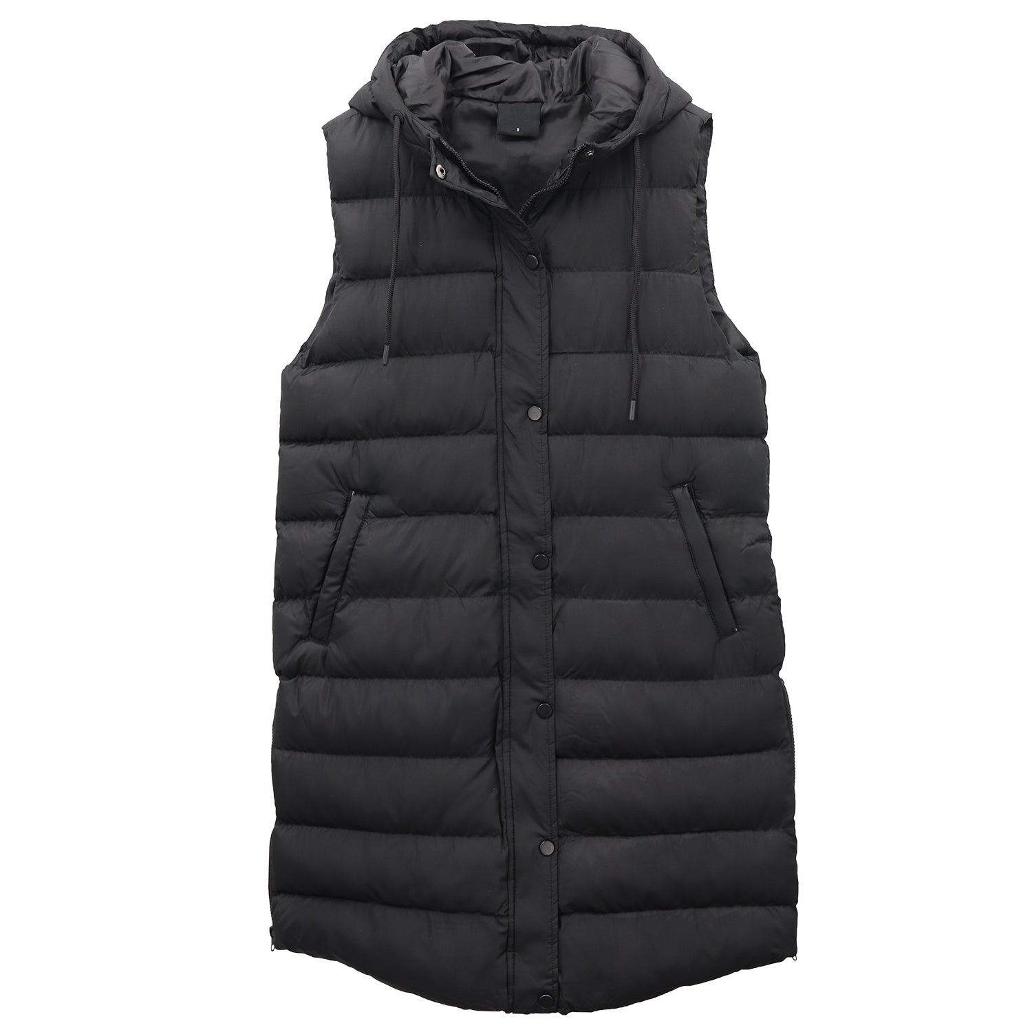 Women's Longline Padded Vest Hooded Jacket Puffer Puffy Quilted Zip Coat Gilet, Black, 10