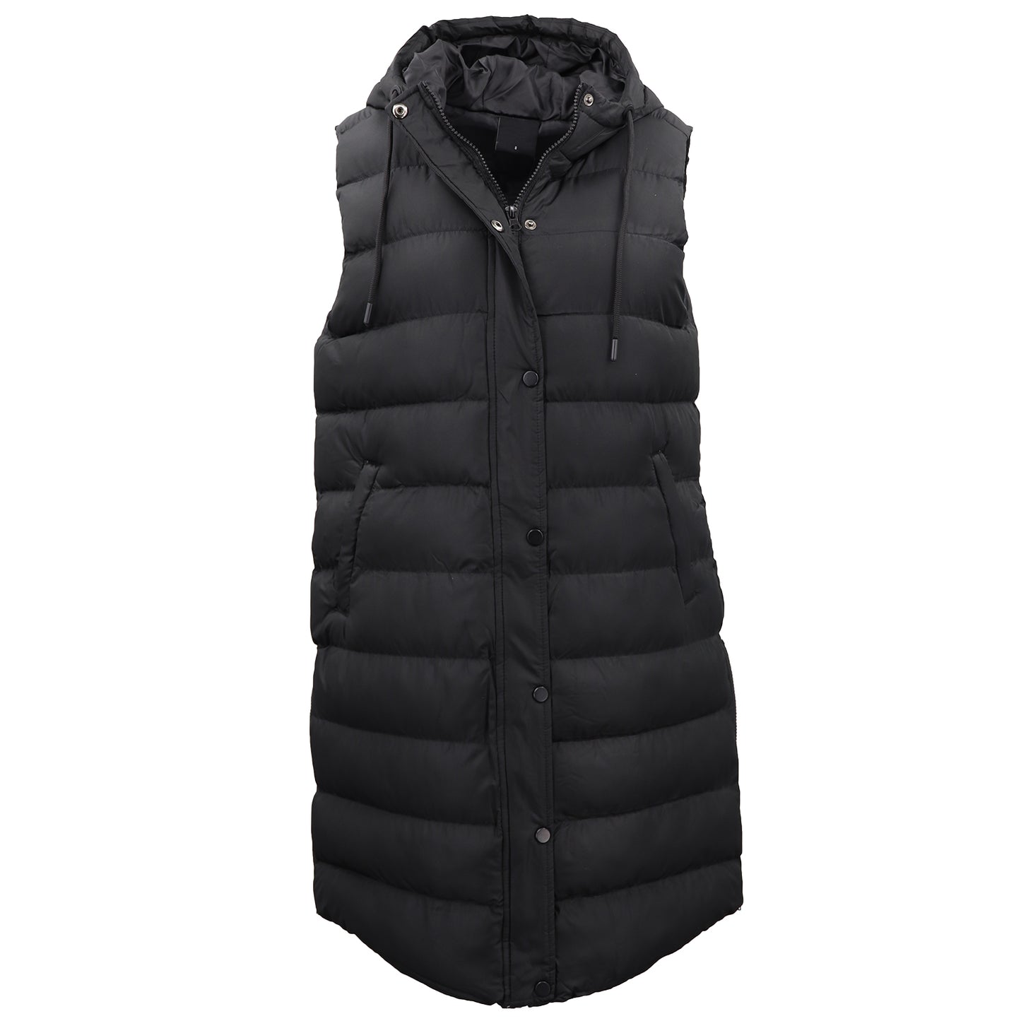 Women's Longline Padded Vest Hooded Jacket Puffer Puffy Quilted Zip Coat Gilet, Black, 10 V474-674154