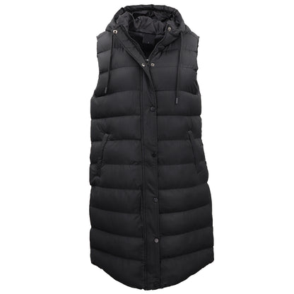 Women's Longline Padded Vest Hooded Jacket Puffer Puffy Quilted Zip Coat Gilet, Black, 12 V474-674155