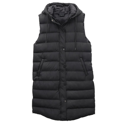 Women's Longline Padded Vest Hooded Jacket Puffer Puffy Quilted Zip Coat Gilet, Black, 16 V474-674157