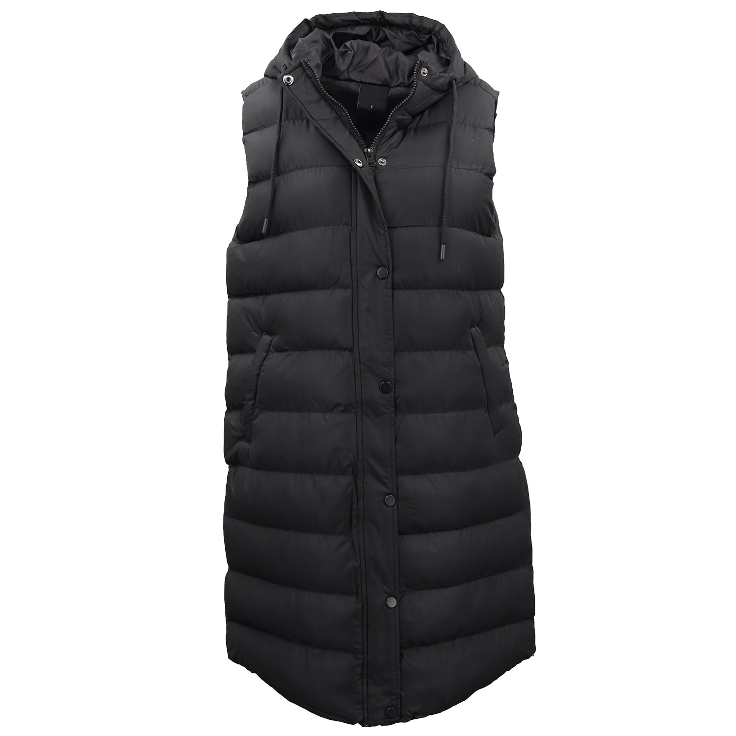 Women's Longline Padded Vest Hooded Jacket Puffer Puffy Quilted Zip Coat Gilet, Black, 16