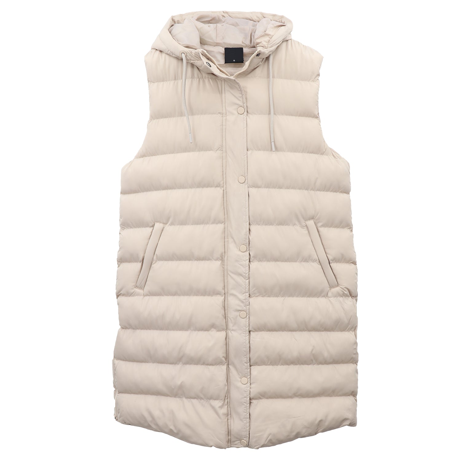 Women's Longline Padded Vest Hooded Jacket Puffer Puffy Quilted Zip Coat Gilet, Khaki, 10 V474-674166