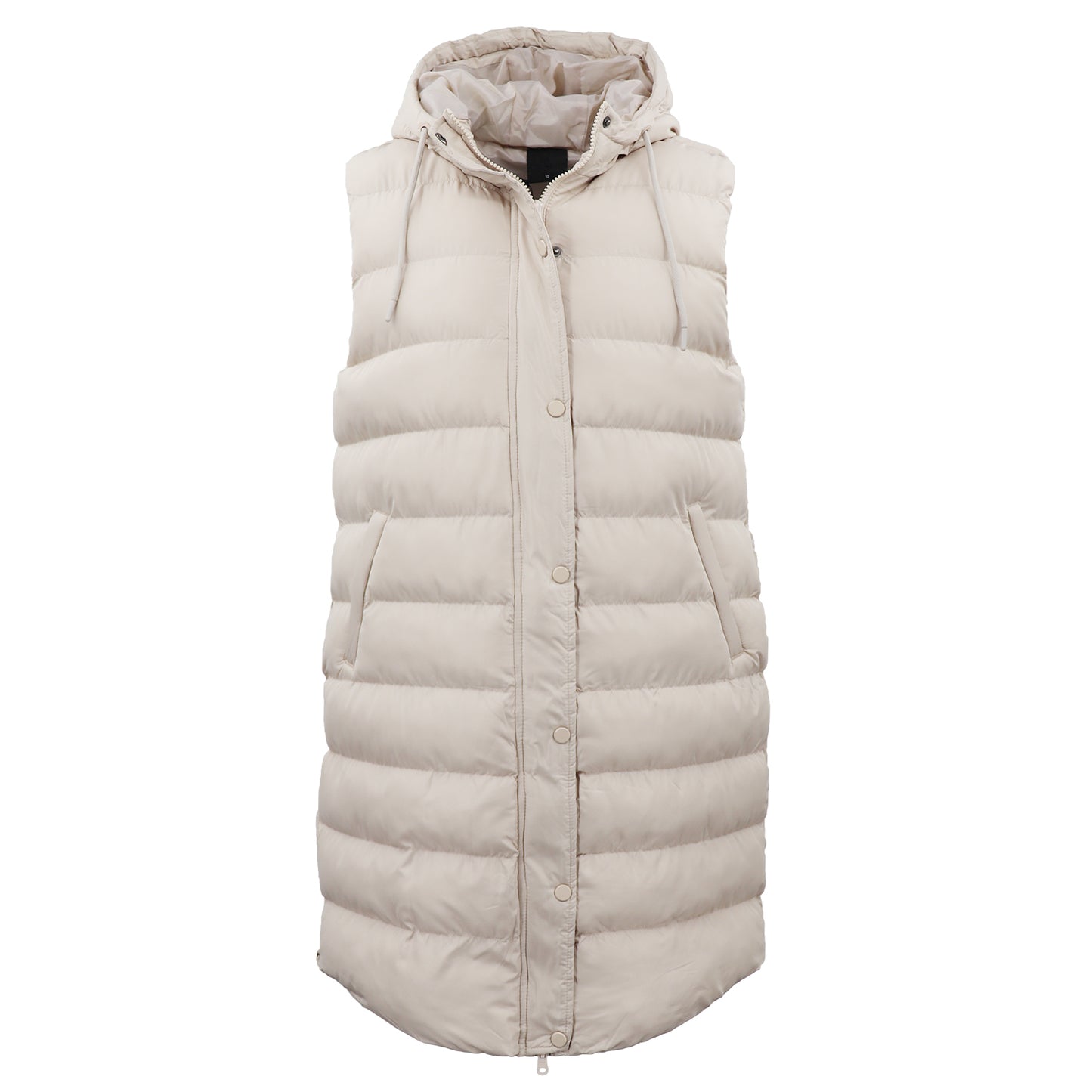 Women's Longline Padded Vest Hooded Jacket Puffer Puffy Quilted Zip Coat Gilet, Khaki, 10 V474-674166