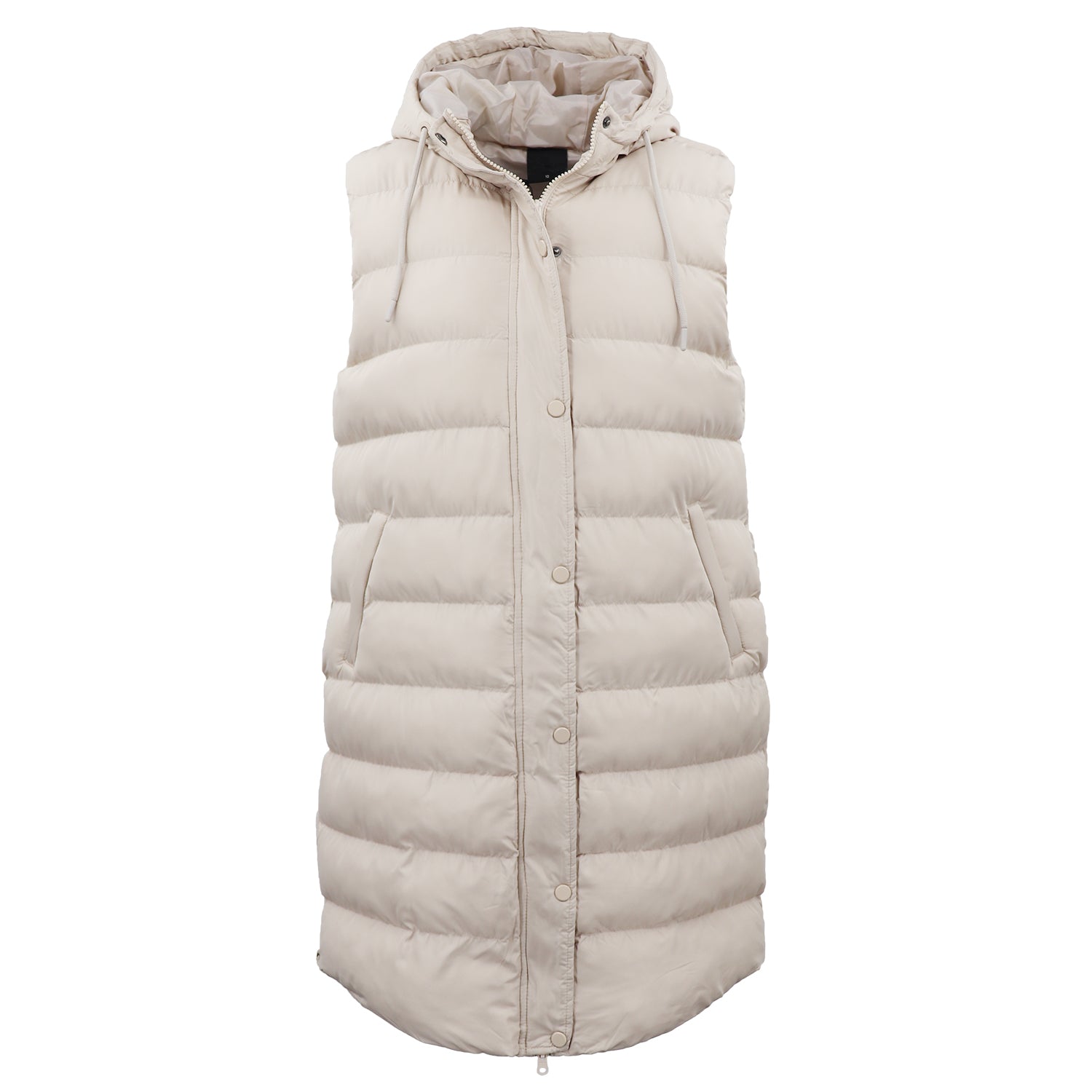 Women's Longline Padded Vest Hooded Jacket Puffer Puffy Quilted Zip Coat Gilet, Khaki, 18