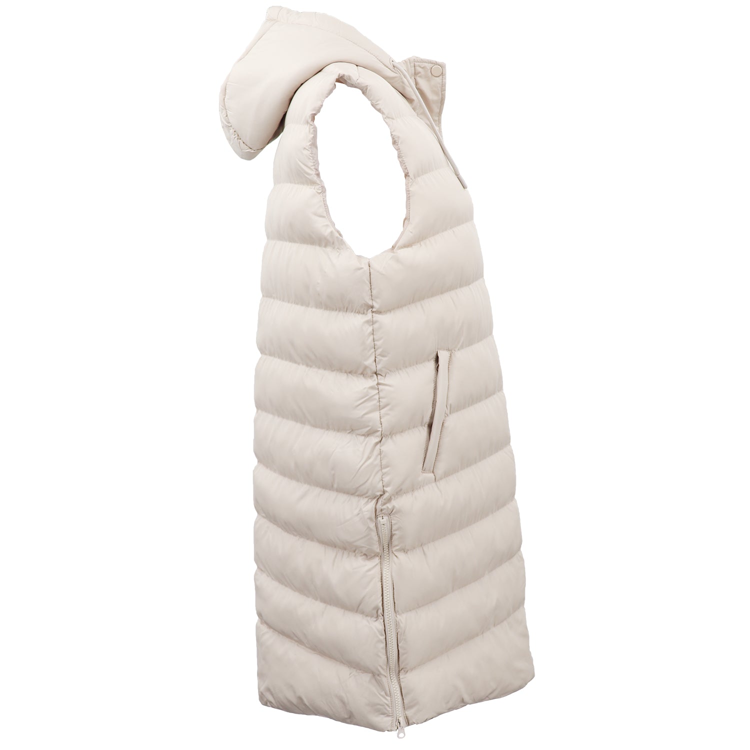 Women's Longline Padded Vest Hooded Jacket Puffer Puffy Quilted Zip Coat Gilet, Khaki, 18