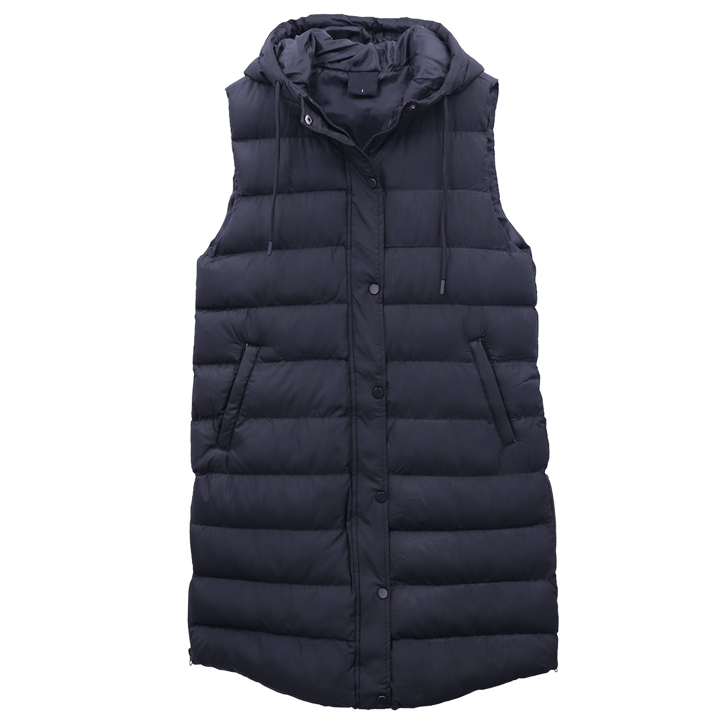 Women's Longline Padded Vest Hooded Jacket Puffer Puffy Quilted Zip Coat Gilet, Navy, 14 V474-674174