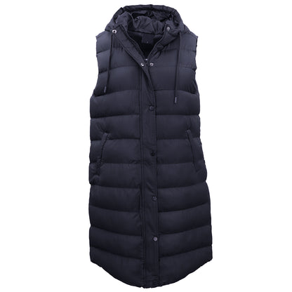 Women's Longline Padded Vest Hooded Jacket Puffer Puffy Quilted Zip Coat Gilet, Navy, 16 V474-674175