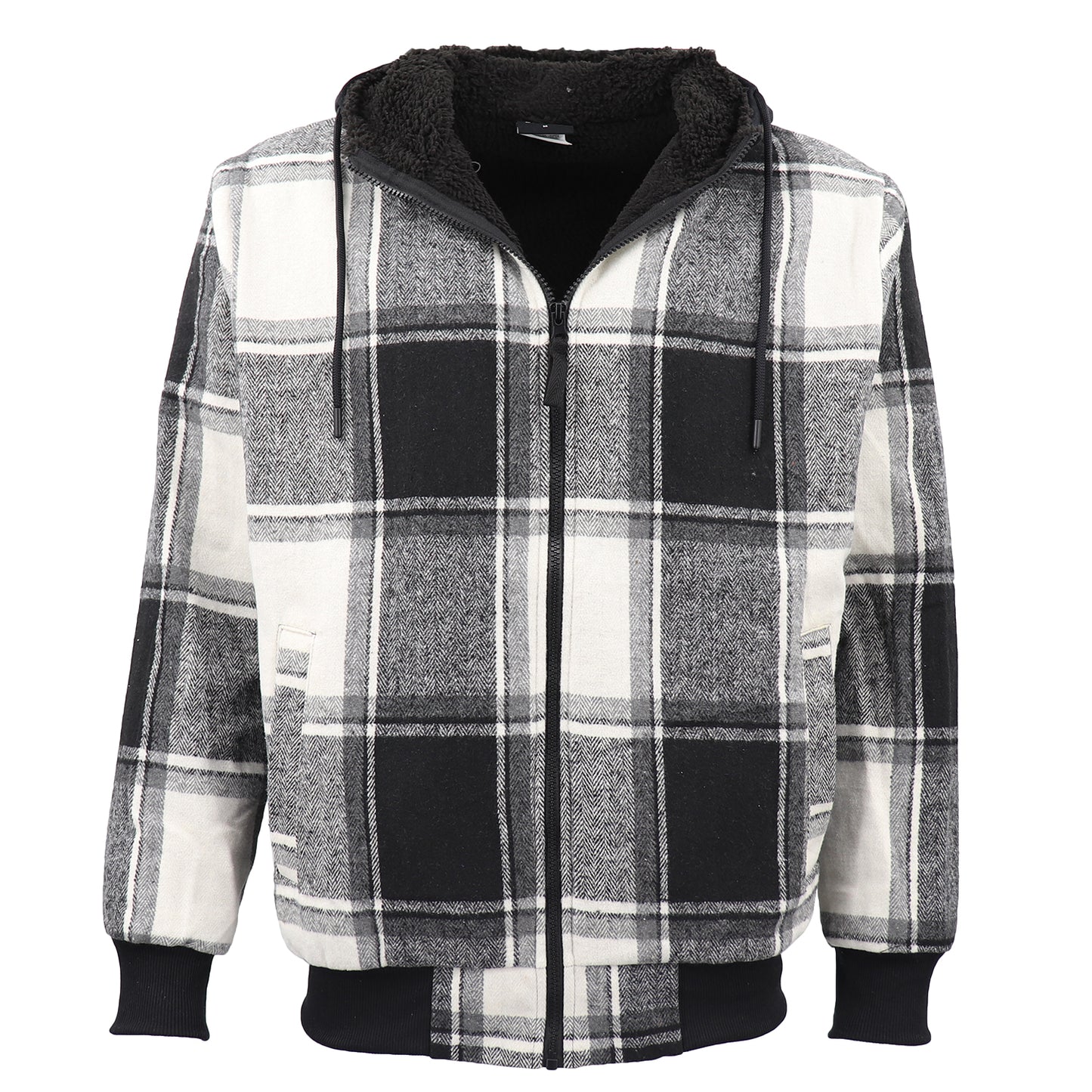 Men's Thick Sherpa Fur Lined Plaid Hoodie Jacket Zip Hooded Jumper Coat Sweater, Black & White, M V474-674299
