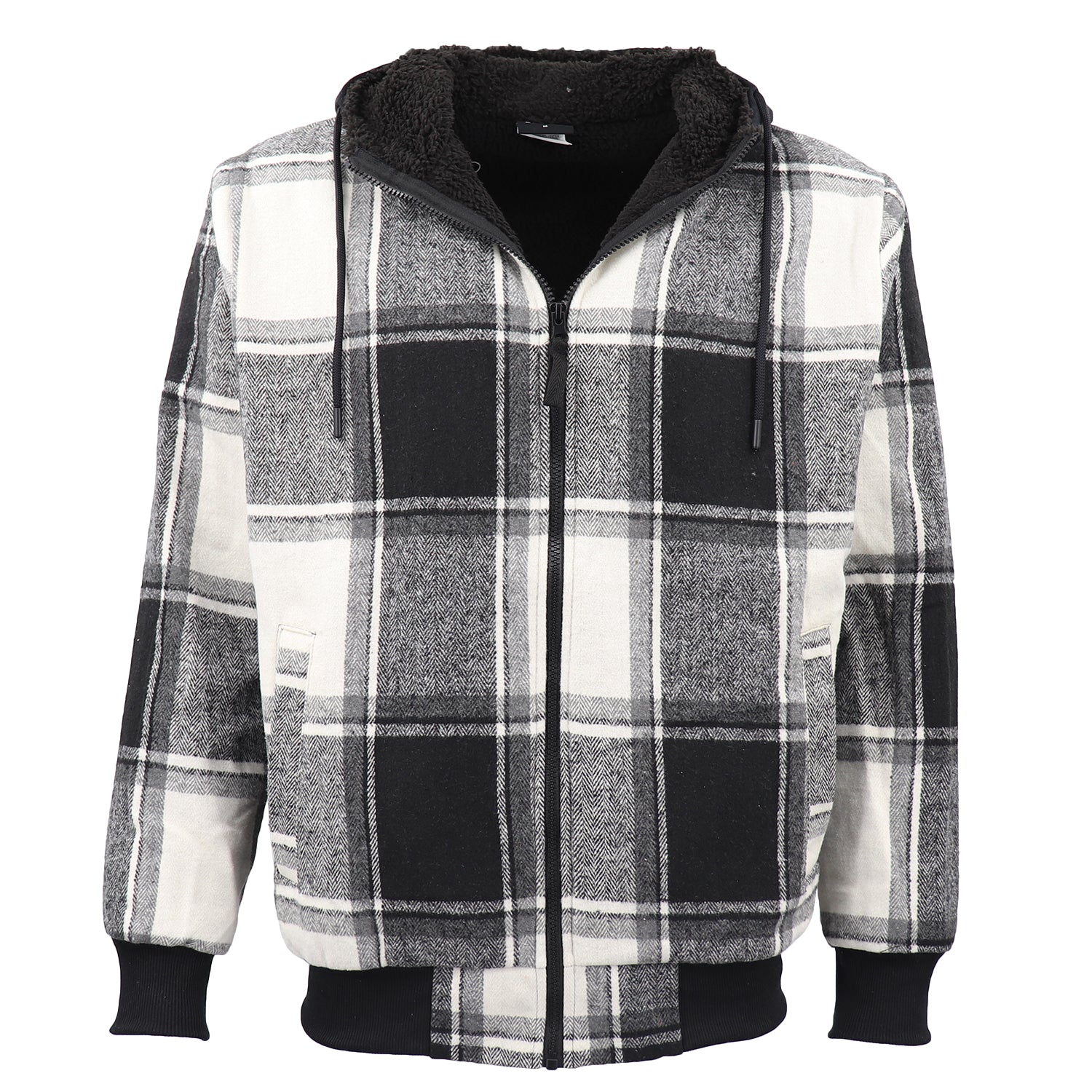 Men's Thick Sherpa Fur Lined Plaid Hoodie Jacket Zip Hooded Jumper Coat Sweater, Black & White, M V474-674299