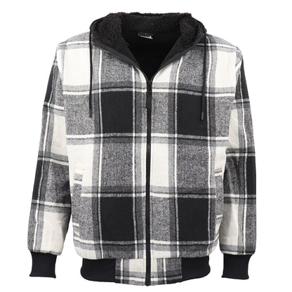 Men's Thick Sherpa Fur Lined Plaid Hoodie Jacket Zip Hooded Jumper Coat Sweater, Black & White, M V474-674299