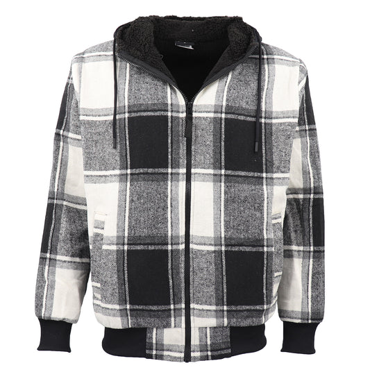 Men's Thick Sherpa Fur Lined Plaid Hoodie Jacket Zip Hooded Jumper Coat Sweater, Black & White, M V474-674299
