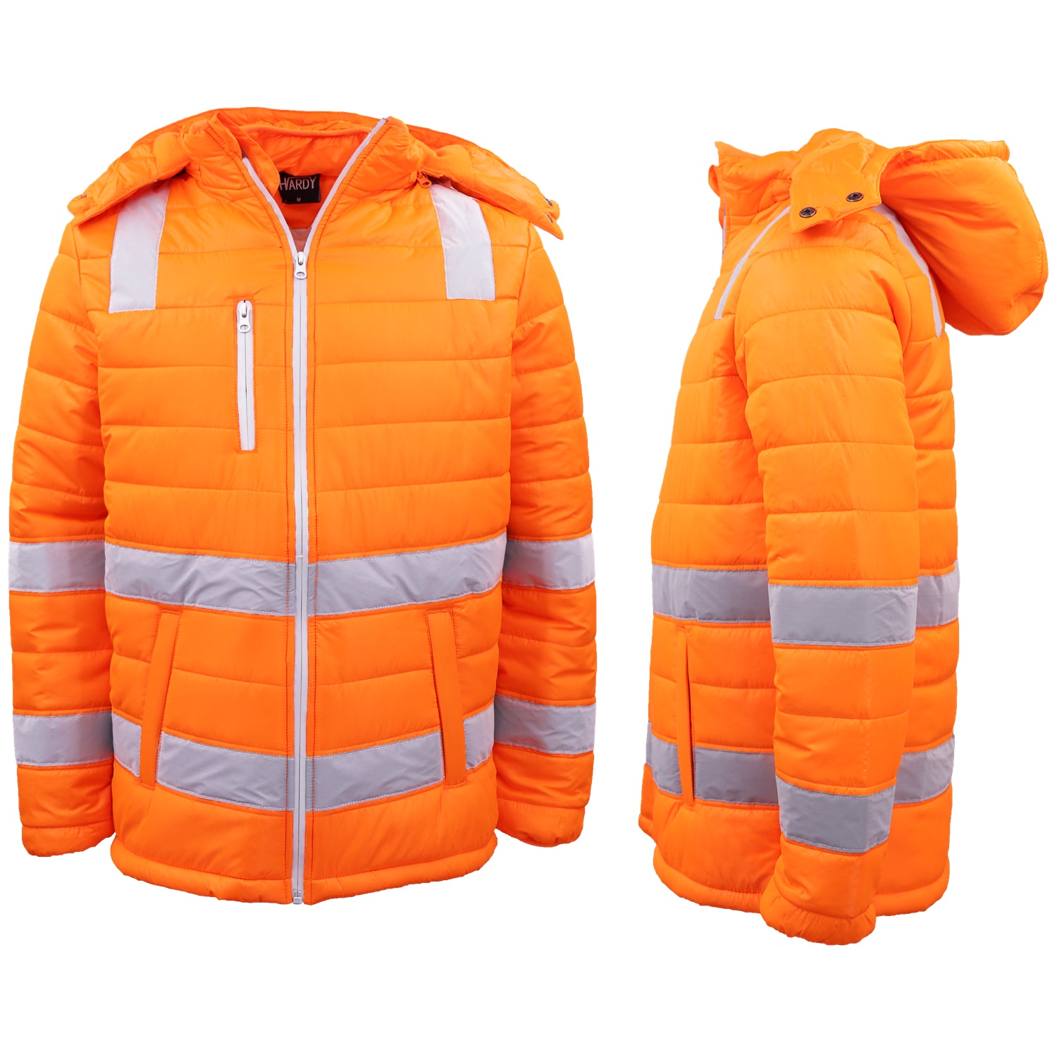 HI VIS Puffer Safety Jacket Reflective Tape Removable Hood Zip Pocket Puffy Coat, Fluro Orange, 5XL V474-677716