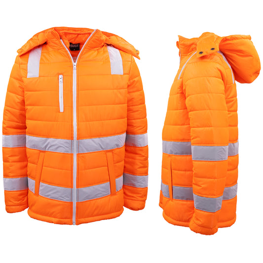 HI VIS Puffer Safety Jacket Reflective Tape Removable Hood Zip Pocket Puffy Coat, Fluro Orange, 5XL V474-677716