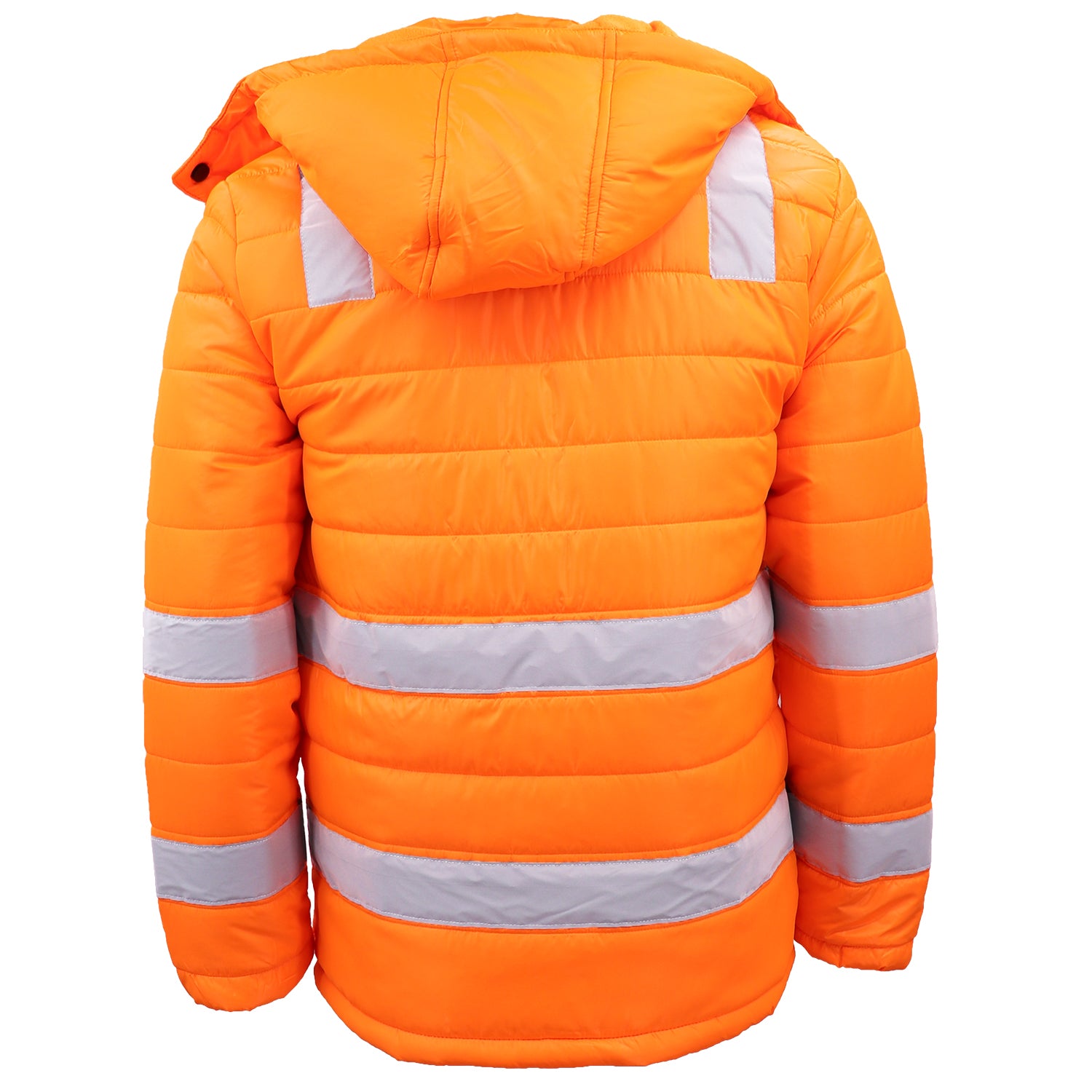 HI VIS Puffer Safety Jacket Reflective Tape Removable Hood Zip Pocket Puffy Coat, Fluro Orange, 5XL V474-677716