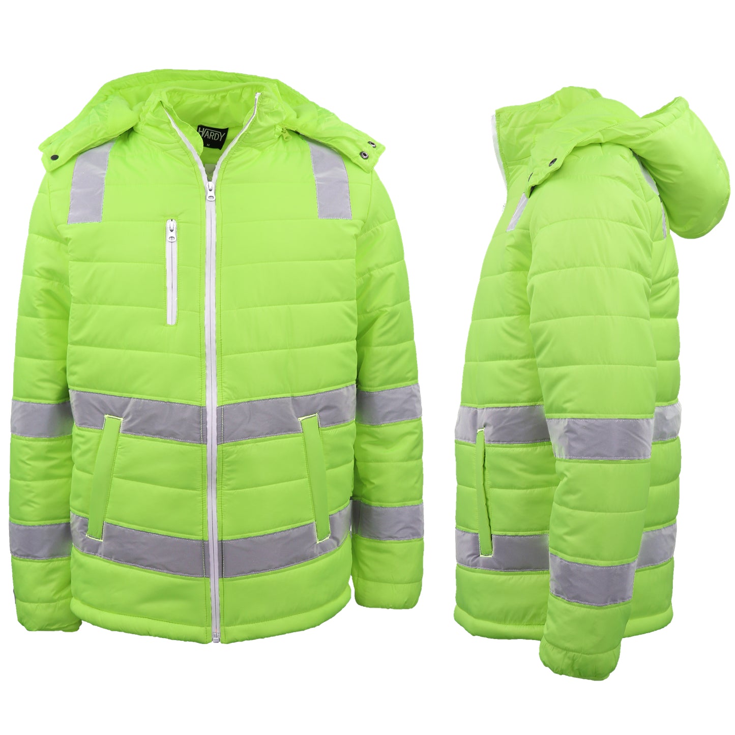 HI VIS Puffer Safety Jacket Reflective Tape Removable Hood Zip Pocket Puffy Coat, Fluro Yellow, 5XL V474-677717