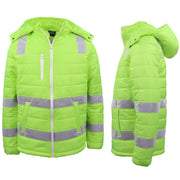 HI VIS Puffer Safety Jacket Reflective Tape Removable Hood Zip Pocket Puffy Coat, Fluro Yellow, 5XL
