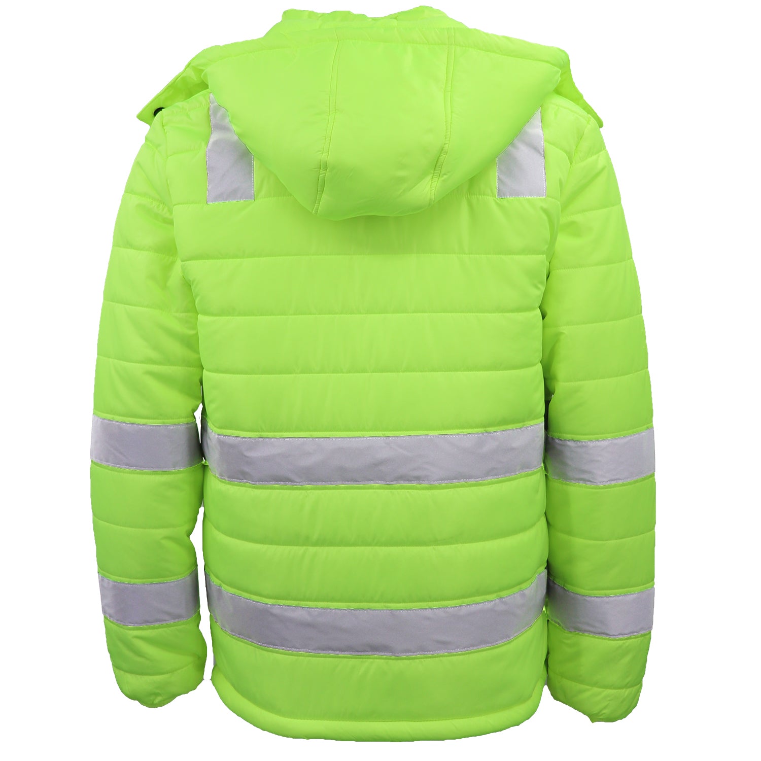 HI VIS Puffer Safety Jacket Reflective Tape Removable Hood Zip Pocket Puffy Coat, Fluro Yellow, 5XL V474-677717