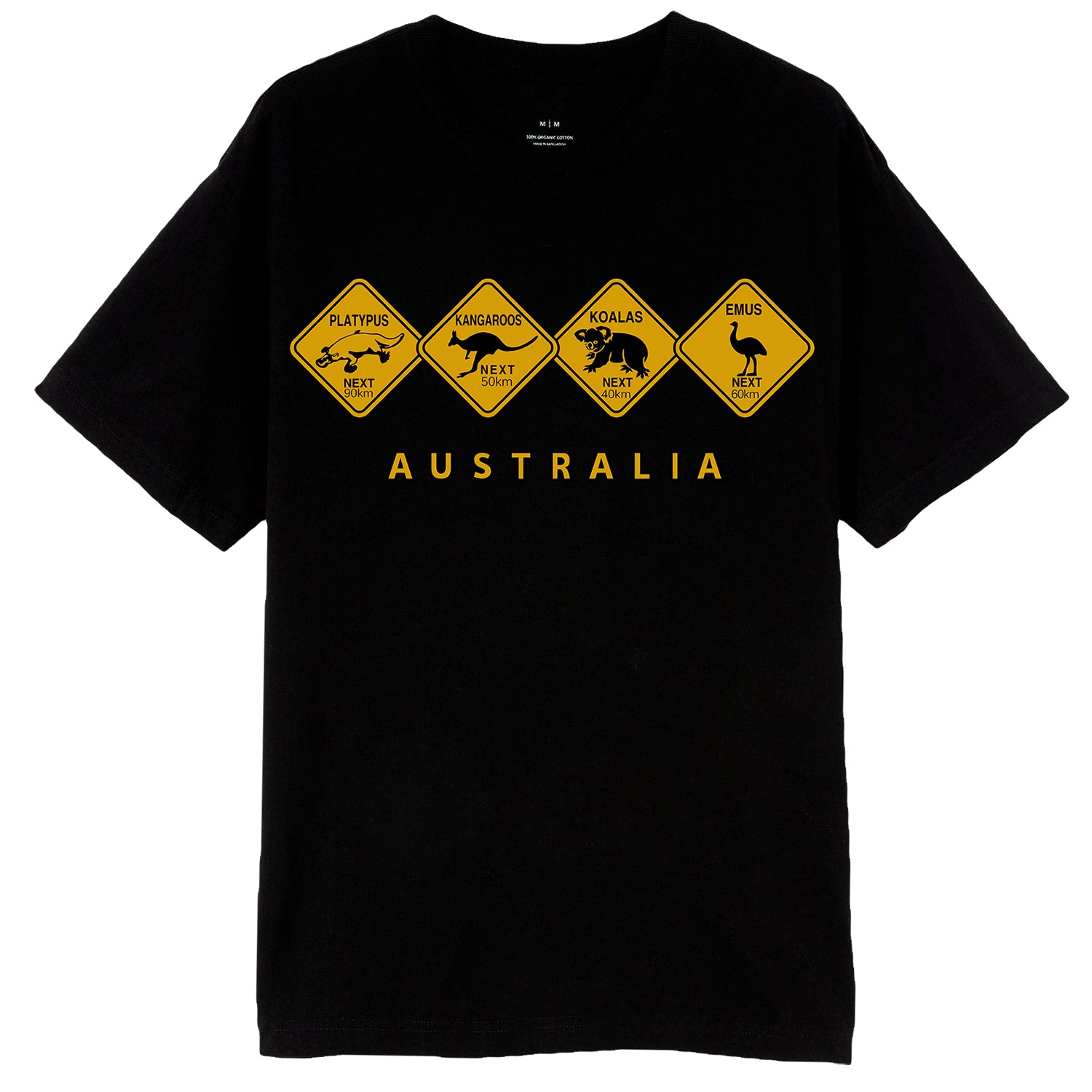 Adult Unisex 100% Cotton T Shirt Australia Wildlife Road Sign Souvenir Tee Tops, Black, S