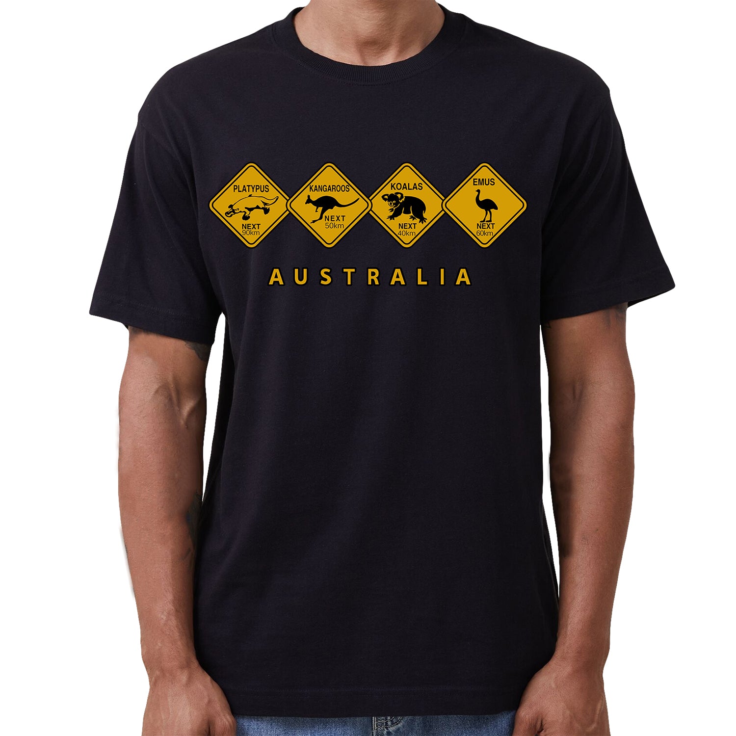 Adult Unisex 100% Cotton T Shirt Australia Wildlife Road Sign Souvenir Tee Tops, Black, L V474-687126