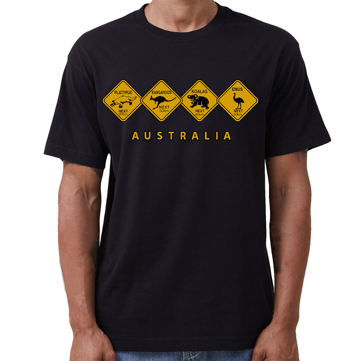 Adult Unisex 100% Cotton T Shirt Australia Wildlife Road Sign Souvenir Tee Tops, Black, L