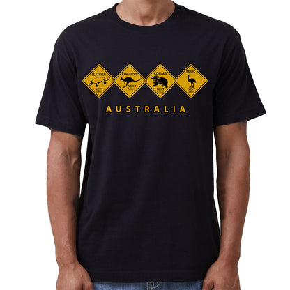 Adult Unisex 100% Cotton T Shirt Australia Wildlife Road Sign Souvenir Tee Tops, Black, XL V474-687127