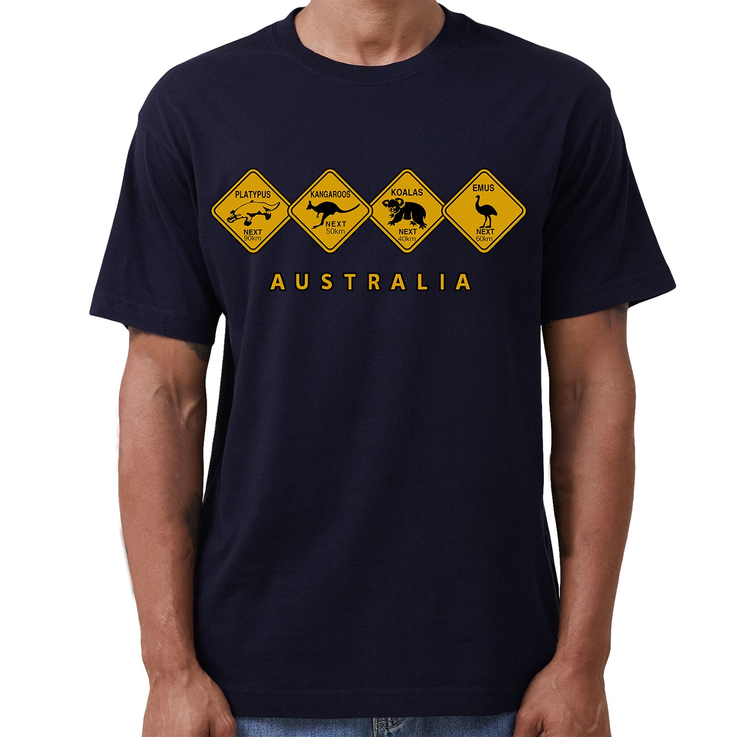 Adult Unisex 100% Cotton T Shirt Australia Wildlife Road Sign Souvenir Tee Tops, Navy, L V474-687138