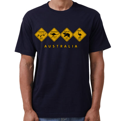 Adult Unisex 100% Cotton T Shirt Australia Wildlife Road Sign Souvenir Tee Tops, Navy, XL V474-687139