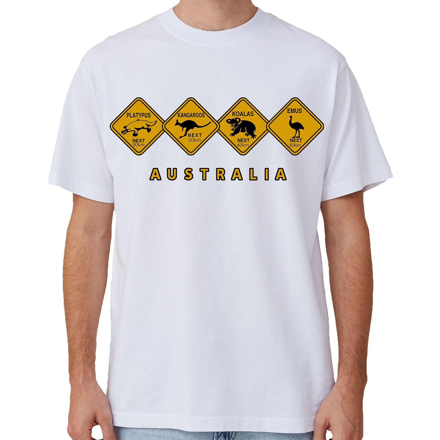 Adult Unisex 100% Cotton T Shirt Australia Wildlife Road Sign Souvenir Tee Tops, White, L V474-687144