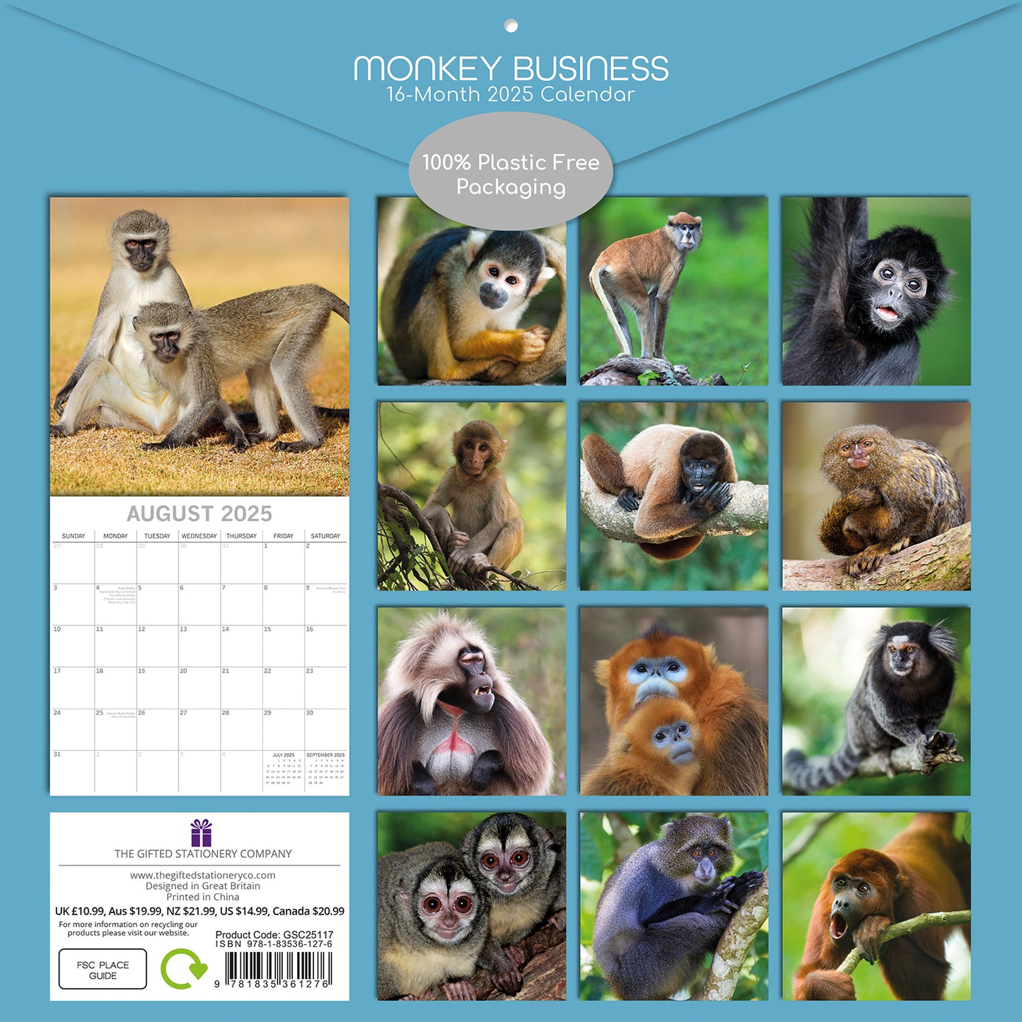 Monkey Business 2025 Square Wall Calendar Animals 16 Months Premium Planner Gift V474-689626