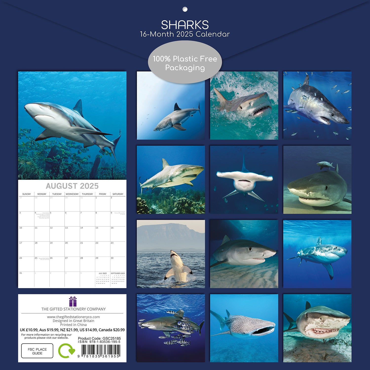 Sharks - 2025 Square Wall Calendar Pets Animals 16 Months Premium Planner Gift V474-689630
