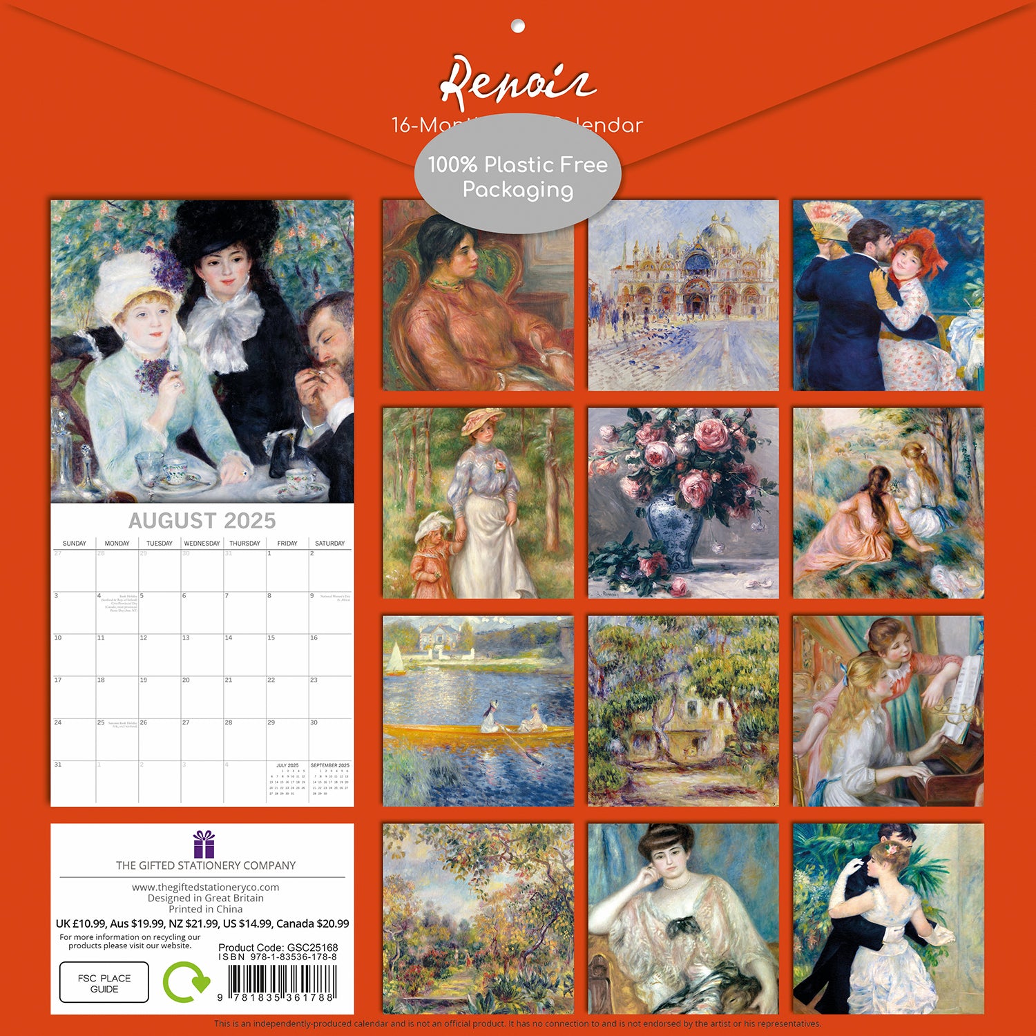 Renoir - 2025 Square Wall Calendar Fine Arts 16 Months Premium Planner Gift V474-690004