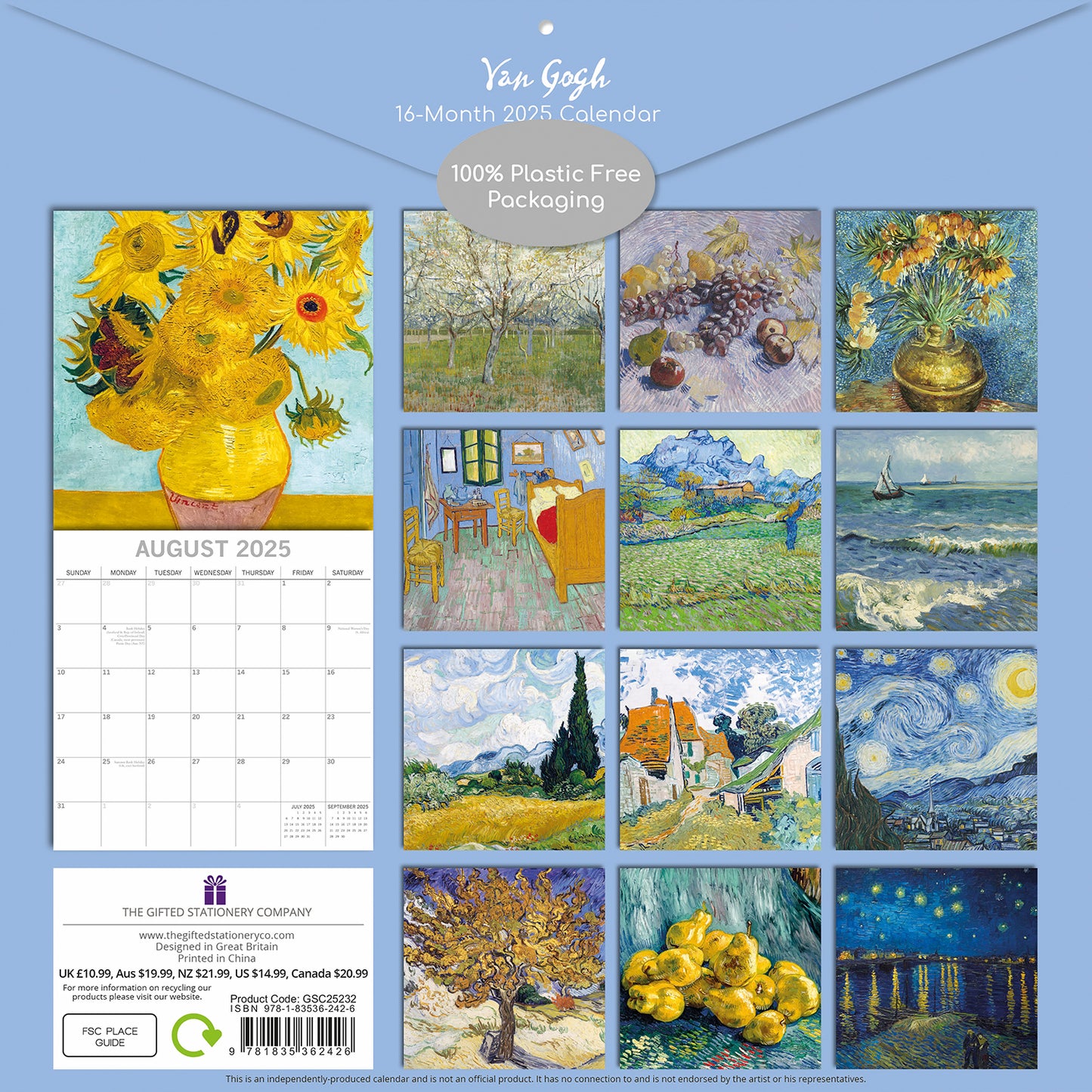 Van Gogh - 2025 Square Wall Calendar Arts 16 Months Premium Planner Gift V474-690009