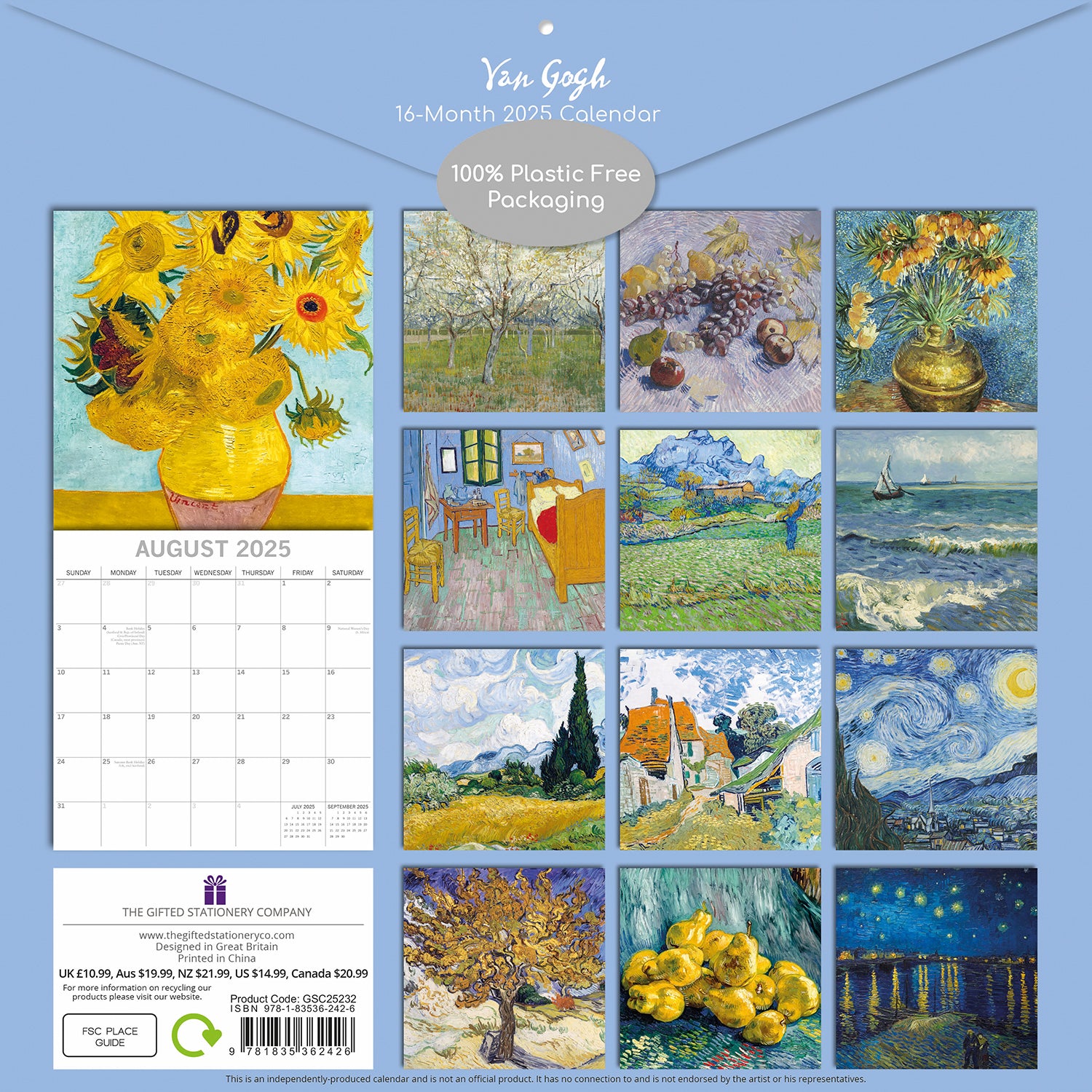 Van Gogh - 2025 Square Wall Calendar Arts 16 Months Premium Planner Gift V474-690009