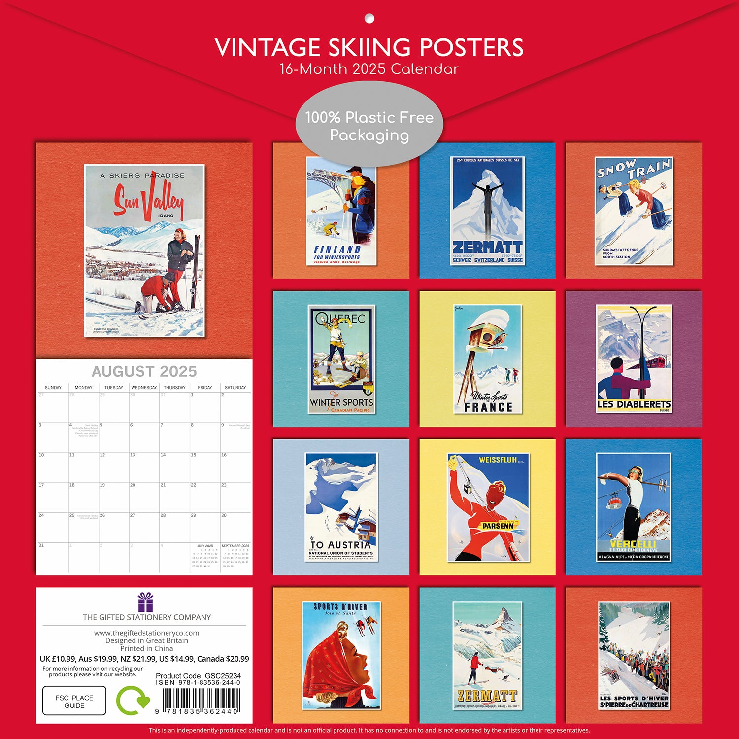 Vintage Skiing Posters 2025 Square Wall Calendar Arts 16 Months Premium Planner V474-690010