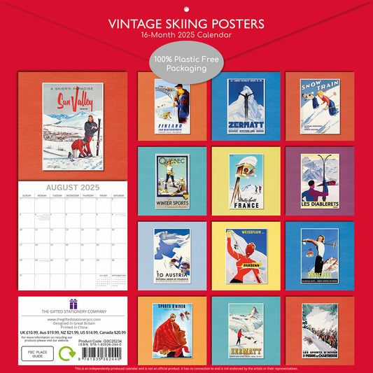 Vintage Skiing Posters 2025 Square Wall Calendar Arts 16 Months Premium Planner V474-690010