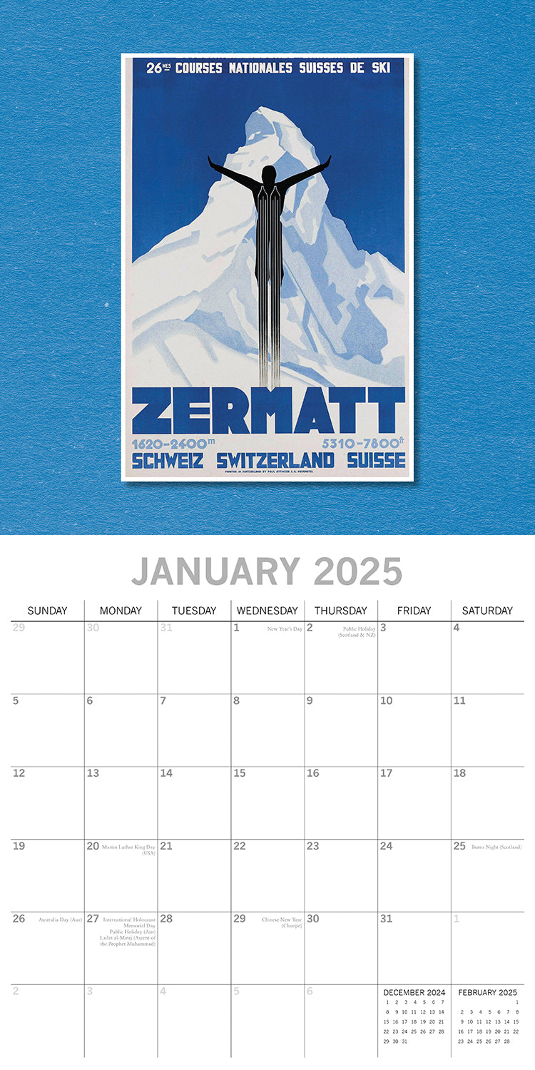 Vintage Skiing Posters 2025 Square Wall Calendar Arts 16 Months Premium Planner V474-690010
