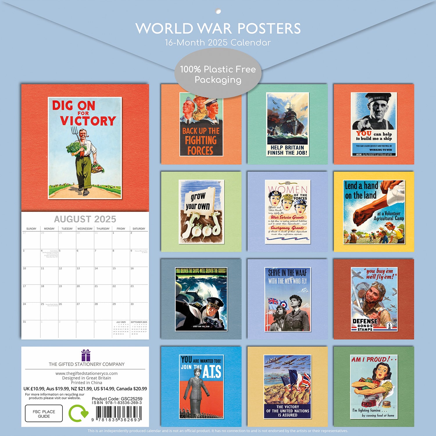 World War Posters - 2025 Square Wall Calendar Arts 16 Months Premium Planner V474-690013