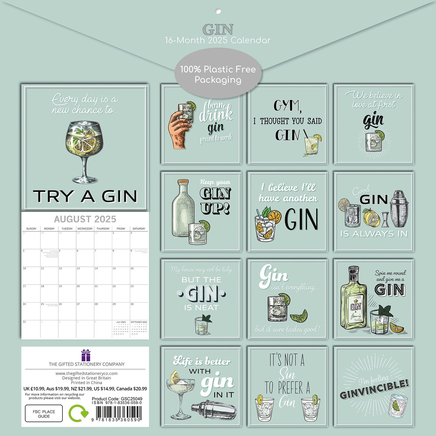 Gin - 2025 Square Wall Calendar 16-Month Premium Planner Christmas New Year Gift V474-690267