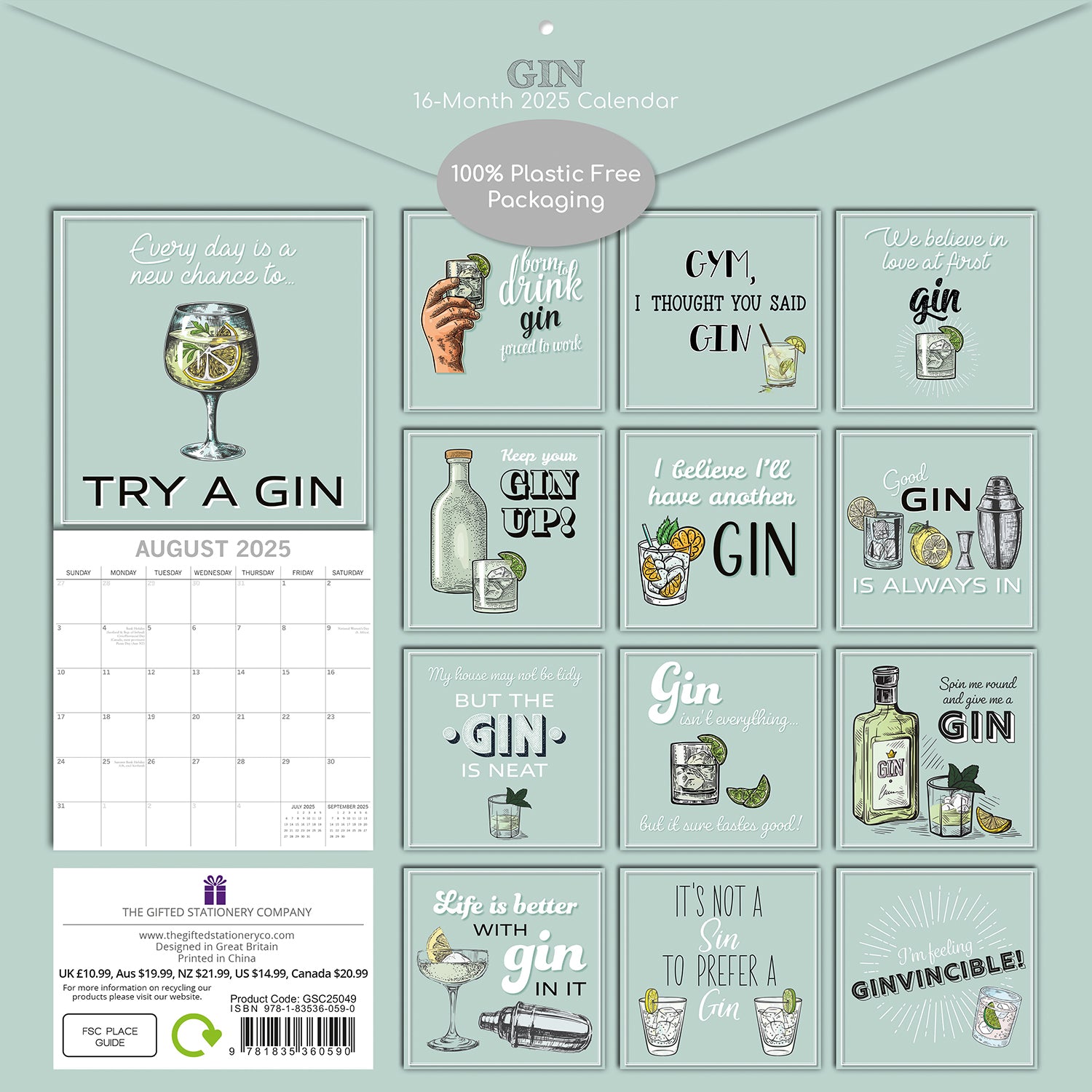 Gin - 2025 Square Wall Calendar 16-Month Premium Planner Christmas New Year Gift V474-690267