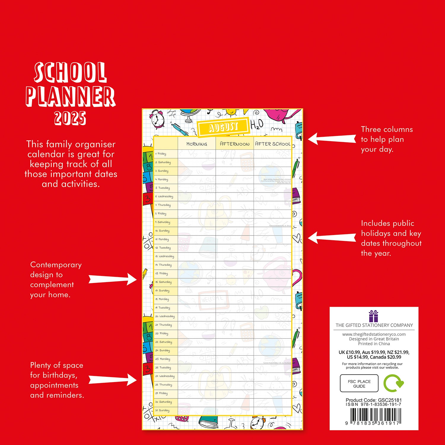 School Planner 2025 Square Wall Calendar 16Month Premium New Year Organiser Gift V474-690346