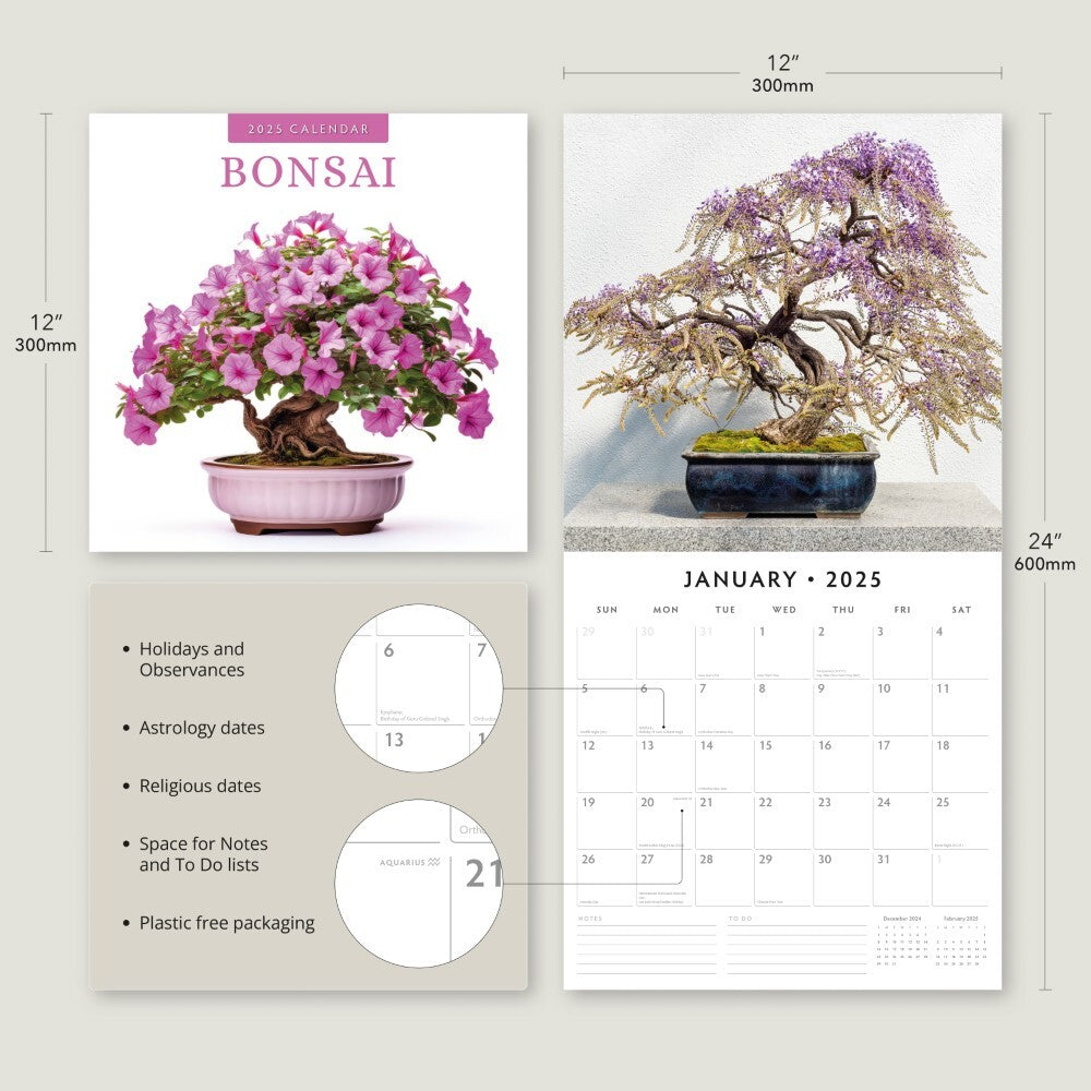 Bonsai - 2025 Square Wall Calendar Floral16 Month Premium Planner New Year Gift V474-695170