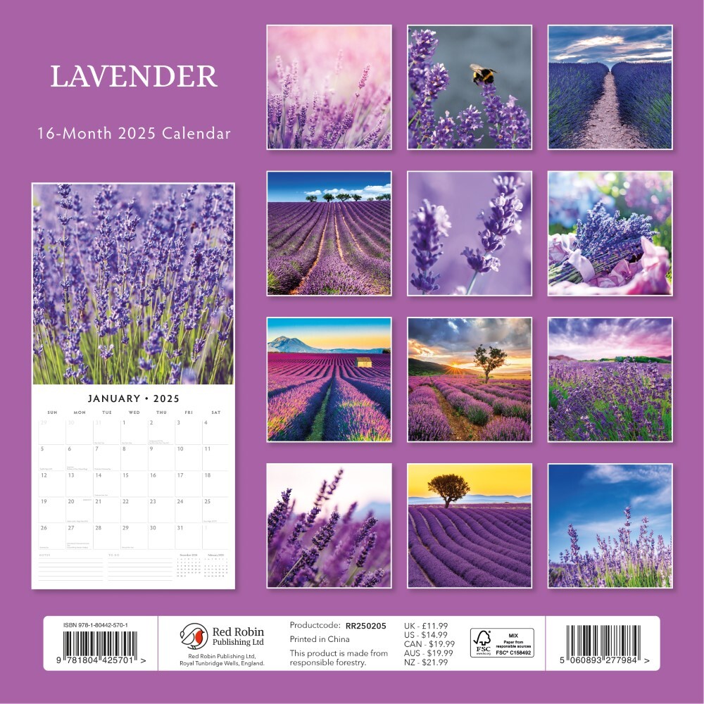 Lavender - 2025 Square Wall Calendar Floral 16 Months Premium New Year Planner V474-695203