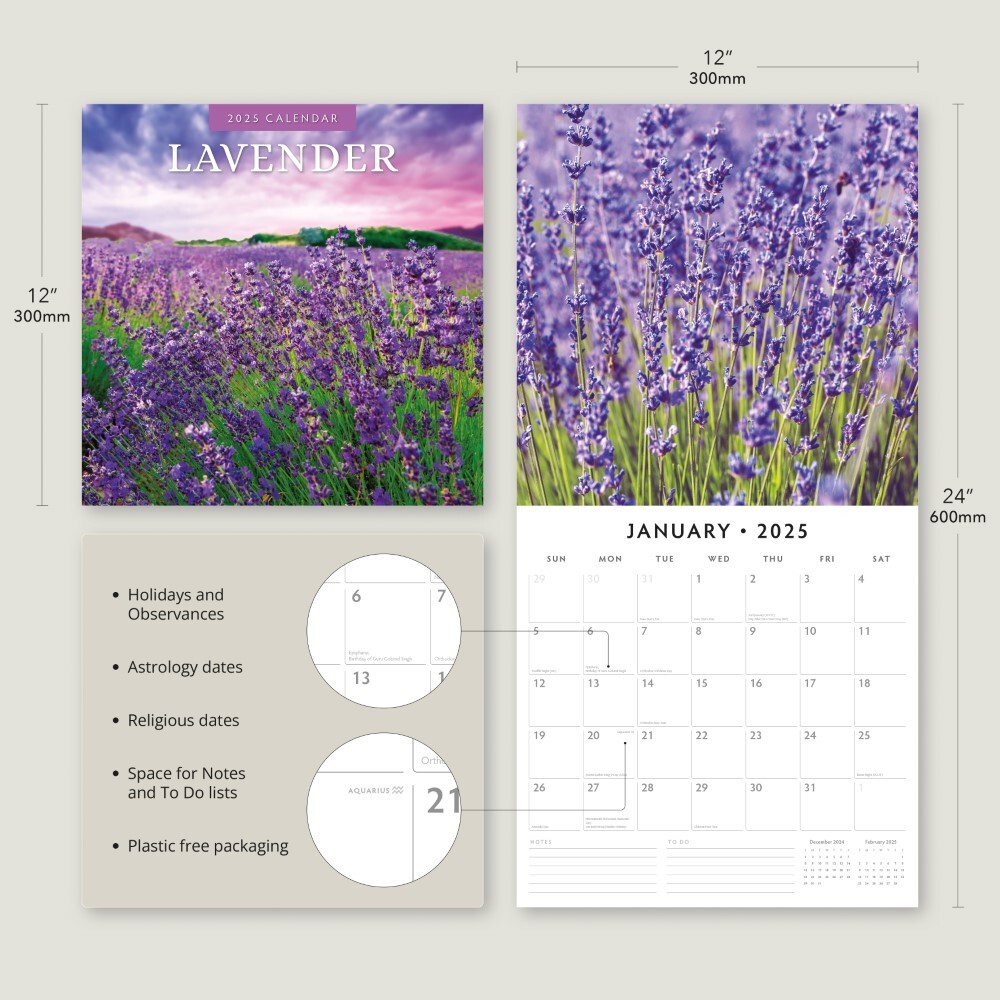 Lavender - 2025 Square Wall Calendar Floral 16 Months Premium New Year Planner V474-695203
