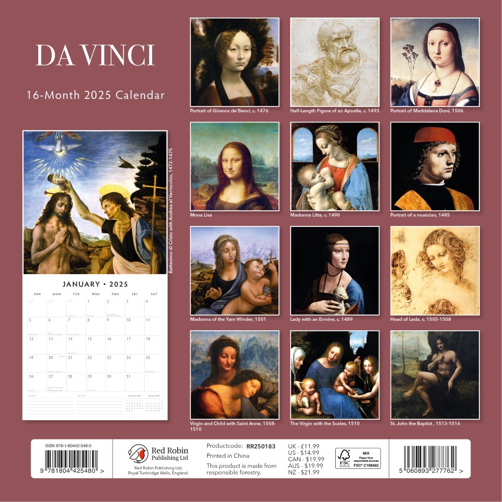 Da Vinci - 2025 Square Wall Calendar Fine Art 16 Months Premium New Year Planner V474-695230