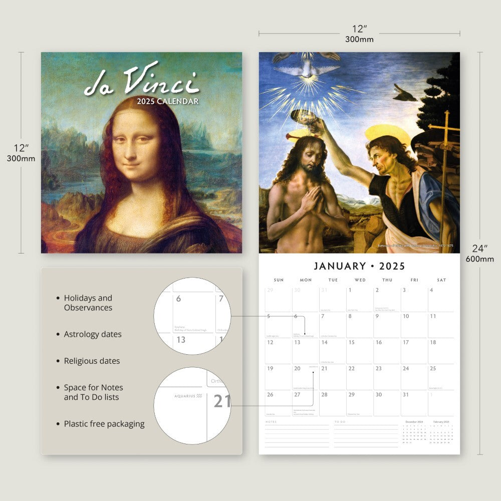 Da Vinci - 2025 Square Wall Calendar Fine Art 16 Months Premium New Year Planner V474-695230