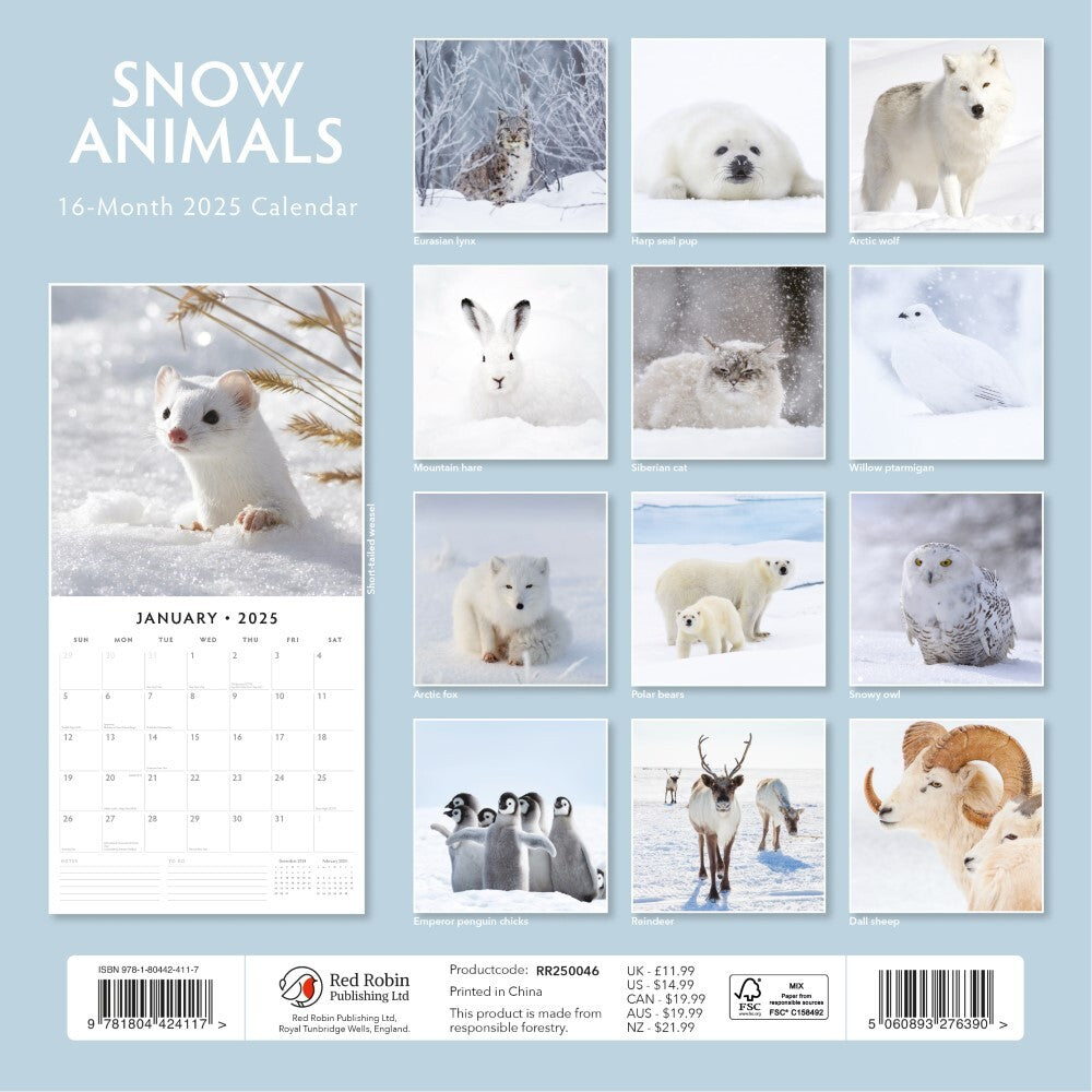 Snow Animals - 2025 Square Wall Calendar Animals 16 Months Premium Planner Gift V474-695264