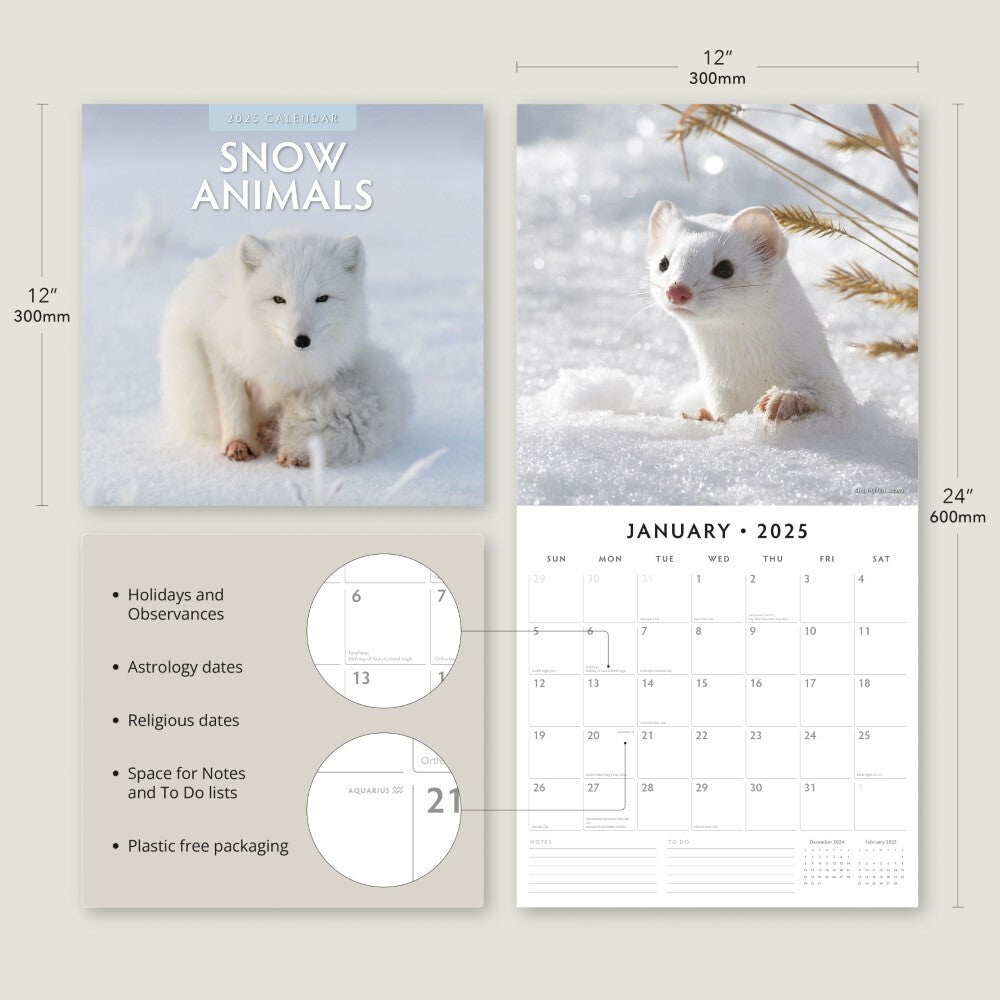 Snow Animals - 2025 Square Wall Calendar Animals 16 Months Premium Planner Gift V474-695264