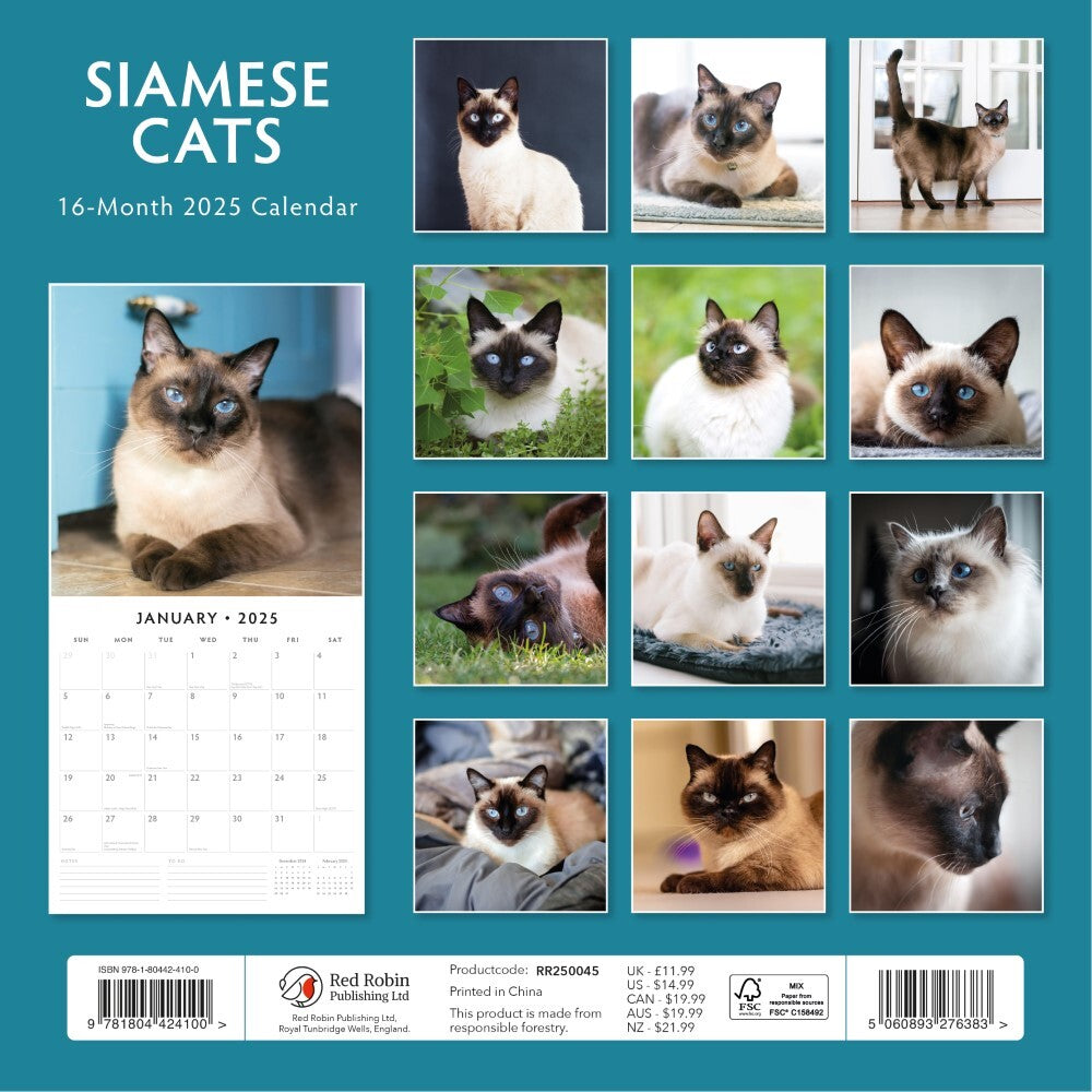 Siamese Cats - 2025 Square Wall Calendar Animals 16 Months Premium Planner Gift V474-695265
